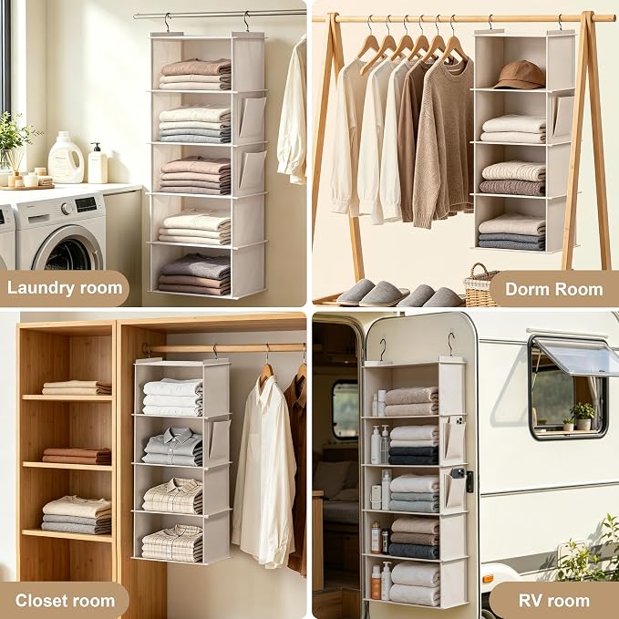 Foldable Hanging Closet Organizer, 4-Shelf Hanging Shelves with Side Pockets, Space Saving Storage for Clothes and Accessories