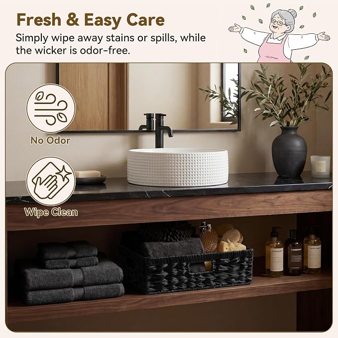 GRANNY SAYS Wicker Storage Basket for Shelves, Wicker Basket for Organizing, Shallow Basket, Woven Basket for Pantry Storage, Black, 1-Pack