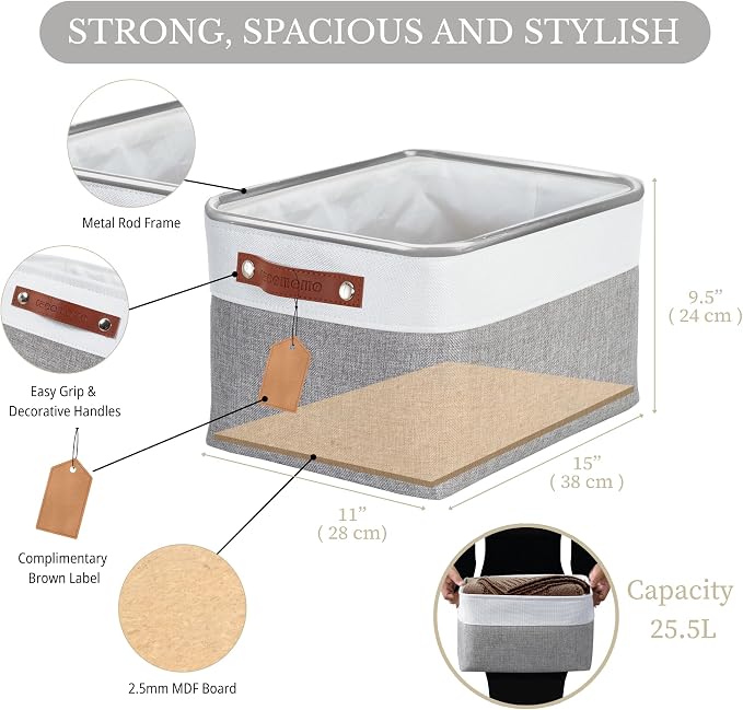 DECOMOMO Storage Bins, Large Fabric Storage Baskets for Shelves, Decorative Linen Closet Organizer, 15 x 11 x 9.5 inches (Grey & White, 4 Pack)