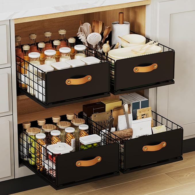 Pull Out Cabinet Organizer, No-Drill Pantry Drawers, Slide Out Shelves with Bamboo Risers for Lipped Cabinets,Ideal for Kitchen, Bathroom & Under Sink Storage (Black, 11.8" Wide-15.7" Deep)