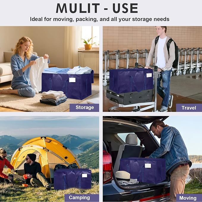 6 Pack-Extra Large Heavy Duty Moving Bags - Waterproof Storage Totes with Handles & Zippers, Foldable for College Dorm, Storage (Dark Blue)