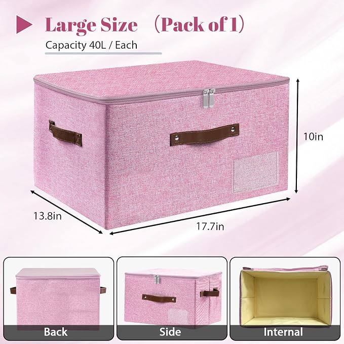 ANMINY Fabric Storage Box Bins with Zipper Lid, Washable Pink | Cotton Linen Fabric, PP Board Frame, Label Holder, Stackable & Foldable, PU Handles, Dual-Zipper 3-Side Open Lid, Large