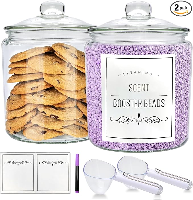 1 Gallon Glass Jars with Airtight Lids, 2 Pack Cookie Jars | Large Food Storage Containers with Scoops, Labels, Marker for Flour, Sugar, Candy, Snacks, Pantry,Bathroom Storage