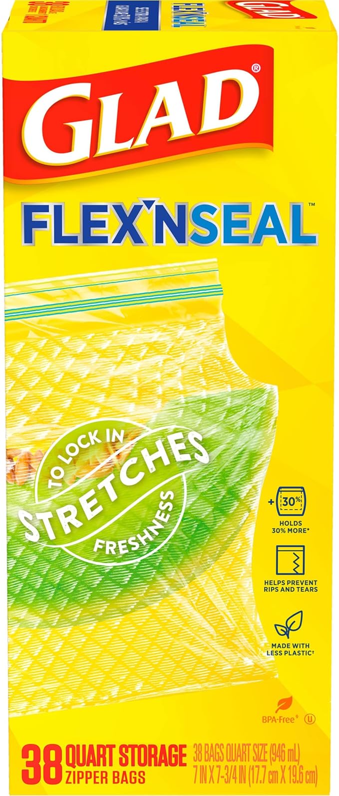Glad Flex'N Seal Food Storage Plastic Bags, Quart, 38 count, Pack of 4 (Package May Vary)
