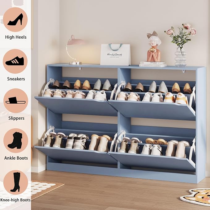 Shoe Storage Cabinet, Wood Shoe Organizer for Entryway with 3 Flip Drawers, Freestanding Shoe Rack with Adjustable Shelf, Narrow Shoe Dresser for Front Door Entrance (Blue, Standard 4 Drawers)
