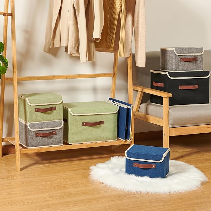 2PCS Storage Boxes with Lid Cotton Linen Fabric Storage Bins Organizer Container Decorative Collapsible Washable Shelf Closet Baskets Faux Leather Handles Home Bedroom (Gray, Large Size)