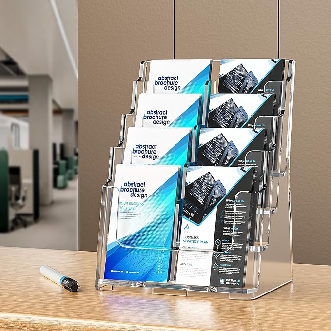 FUCDTEFC Acrylic Brochure Holder 8.5x11 & 4 x9 Inches, Clear 4 Tier Magazine Holder Brochure Display Stand w Removable Divider, Literature Pamphlet Flyer Holder for Wall Mount or Countertop
