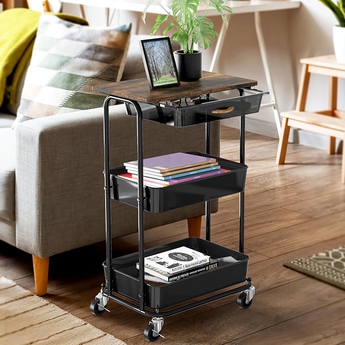 Simple Houseware 3-Tier Utility Cart with Drawer & Wood Top, Rustic Brown | Mobile Sofa Side Table, Nightstand, Slim Storage Organizer Trolley for Bedroom, Bathroom, Office & Art Supplies