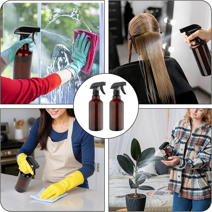 Cosywell Glass Spray Bottles 16.9oz/500ml 2 Pack Brown Empty Spray Bottle | Mist/Stream Heavy Duty, Water Spraying Bottle, for Cleaning, Cooking Solutions, Hair Care, Including a funnel and two lid