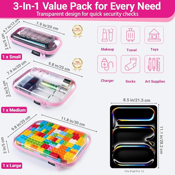 YQBRAO Clear Hard Shell Organizer Case Set, 3-Pack, Pink | Large, medium & small rigid PET organizers for beauty, travel, skincare and everyday organization