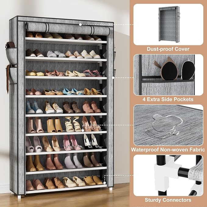 VILICK Shoe Rack with Cover Narrow Shoe Organizer with Pockets 10 Tier Tall Shoe Storage Holds 36-41 Pairs Shoes and Boots Shoe Rack for Closet Entryway Garage, Printing