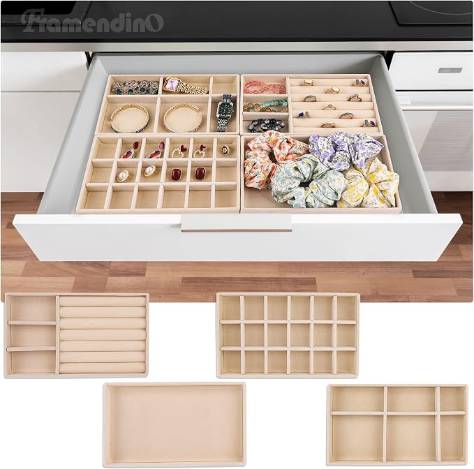 Framendino, 4 Pack Beige Velvet Jewelry Trays Stackable Organizer Drawer Inserts Container Display Case for Earrings Bracelets Necklace