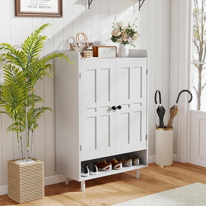 Farmhouse Shoe Cabinet with Doors, 6-Tier Wooden Shoe Organizer with Adjustable Shelves, Entryway Storage Cabinet with Metal Legs, Rustic Shoe Storage for Entryway or Living Room (White)