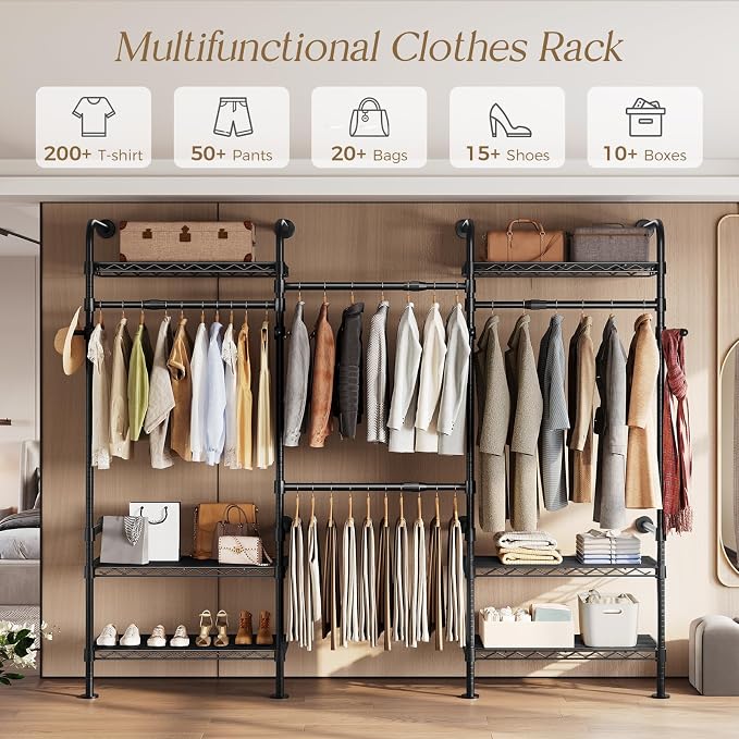Wall Mounted Closet System, Heavy Duty 3-Row Clothes Rack, Expandable Industrial Pipe Closet Organizers and Storage with 4 Telescopic Rods, 4 Hooks & 6 Shelves for Wardrobe, Bedroom