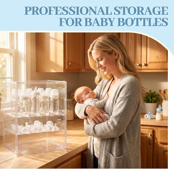 Baby Bottle Organizer, 3 Tier Bottle Storage Organizer Baby | Acrylic Bottles Storage Station with Magnetic Door and Hook for Pacifiers Pump Parts, Makeup & Bathroom Organizer
