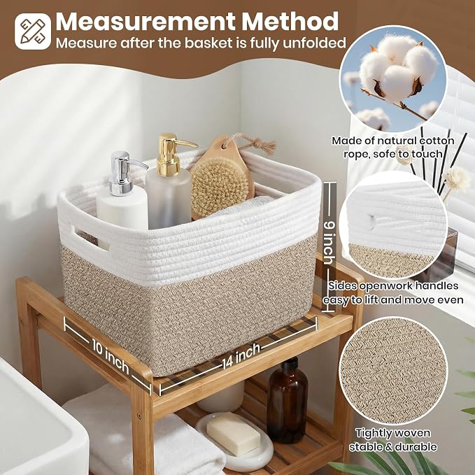 Storage Baskets for Organizing, 14 x 10 x 9” Closet Shelf Woven Baskets, Square Bins with Handles, Cotton Rope Basket for Clothes, Office, Room, White+Rice Brown 4 Pack