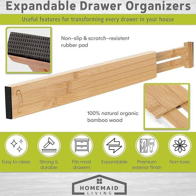 Homemaid Living Bamboo Drawer Organizer Adjustable and Expandable - Ideal Drawer Dividers for Kitchen, Dresser, Bedroom and Bathroom - Expandable Drawer Organizer Set of 4 - Water-Resistant Finish