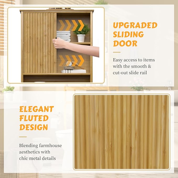 Yardenaler Over The Toilet Storage Cabinet with Fluted Doors, Bathroom Over Toilet Rack with Adjustable Shelf Bamboo FreeStanding Space-Saving Storage Organizer, Natural