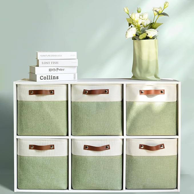 Patvingot Fabric Storage Cubes 11", 6 Pack, with PU Pull Handles,Foldable | For accessories on cube shelves or in closets; reinforced opening, pull-out access, folds flat when empty,white and green