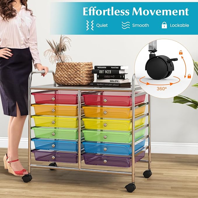 GOFLAME 12-Drawer Rolling Storage Cart, Multifunctional Art Craft Organizer Cart, Mobile Utility Storage Cart with Removable Drawers & Lockable Wheels, Craft Cart for Home Office School, Rainbow