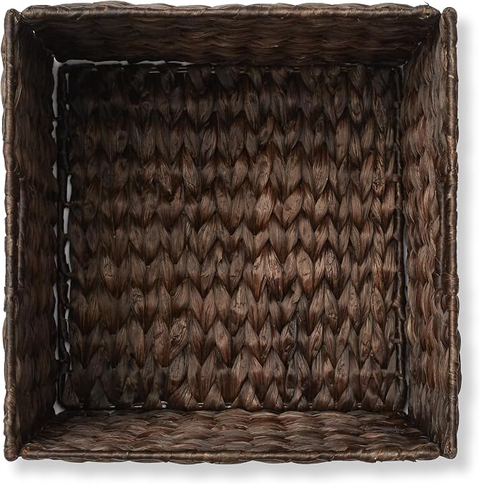 Casafield 12" x 12" Water Hyacinth Storage Baskets, Espresso - Set of 6 Collapsible Cube Organizers, Woven Bins for Bathroom, Bedroom, Laundry, Pantry, Shelves