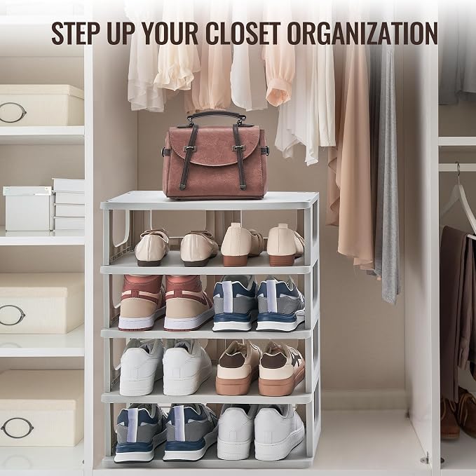 TRZZ 5-Tier Shoe Rack, Narrow Stackable Organizer, Grey | Removable Partition, Vertical Efficient Shoe Storage, for Closet, Entryway, Small Spaces