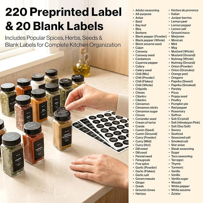 Minimalist Spice Jar Labels Self-Adhesive - 240 Stickers for Spice Jars, Spice Jars & Drawers, Round & Rectangular, Waterproof Spice Organiser Labels for Kitchen Organisation (Black)