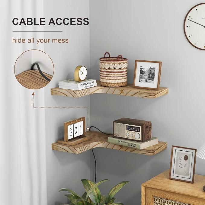 fuqing Floating Corner Shelves, Wall Shelf Set of 3, Shelves for Wall Storage, Solid Wood Shelves for Storage, Wall Mount Wooden Display Shelf for Bathroom Bedroom Kitchen Garage, Carbonized Black