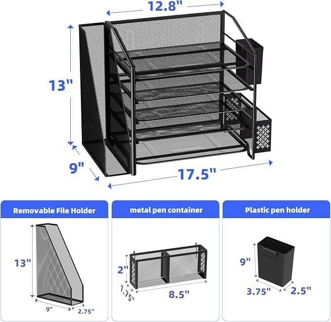 Simple Trending 5-Tier Desk File Organizer with 2 Pen Holders, Black | 17.5"L x 9"W x 13"H, 5 Trays + Side File Holder + 2 Pen Containers, Powder-coated Steel Mesh, Easy Assembly, 24H Support