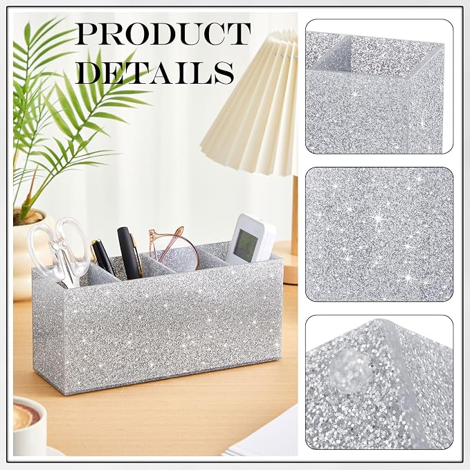 Jetec Acrylic Glitter Silver Pen Holder 4 Compartments Bling Makeup Brush Stationery Organizer Pencil Holder for Desk Accessories Sparkly Gifts for Women Back to School Birthday Desktop Office