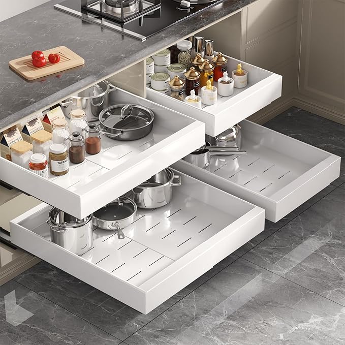 Seinloes 1 Pack Pull Out Cabinet Organizer 22" Deep,Full Extension 3 Slide Rails Slide Out Drawers With Raising Pad for Framed Cabinets,Expandable Width (12.3"-20.5"),No Drill Roll Out shelf,White