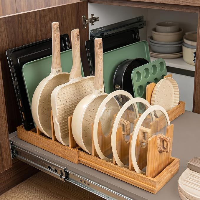 Bamboo Pots and Pans Organizer under Cabinet, Expandable Bakeware and Cutting Board Organizers, Adjustable Pot Lids Holder Rack, Sheet, Pan, Tray Organizer for Kitchen Storage Organization