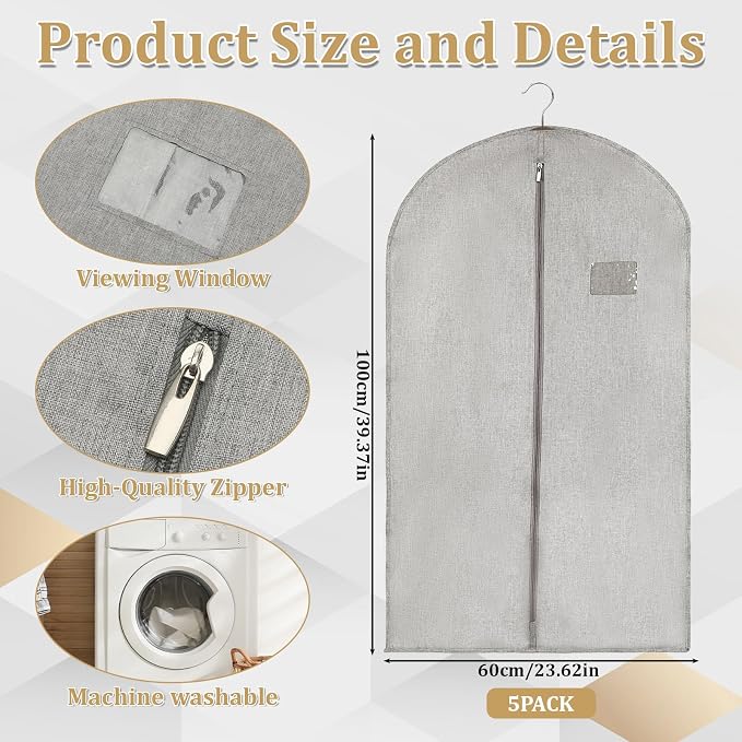 5 Packs Cotton Garment Bag for Hanging Clothes, 40" Breathable Hanging Suit Cover, Linen Garment Bags for Clothes Coats, Leather Jackets, Sweaters and Closet Storage