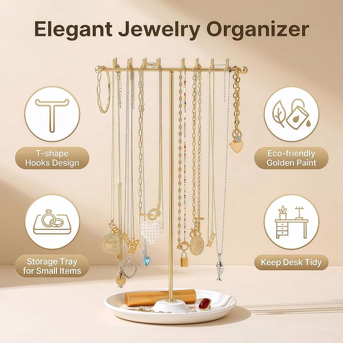 Gold Necklace Holder with Tray - 16 Hooks for Hanging Jewelry | The Tray Space is Suitable for Multifunctional Storage of Earrings, Rings, Lipstick, Watches & More - Jewelry Organizer