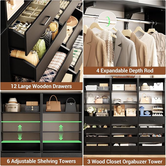 Aheaplus Closet System Set of 3, 138.5" Wood Closet Organizer System Tower with 12 Drawers & 4 Hanging Rods, 6.7+4.85Ft L Shaped Walk-in Closets Wardrobe Organizer Garment Rack with Shelf, Black3