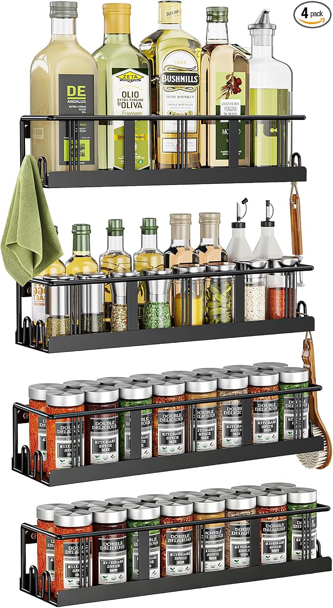 Bunoxea Spice Rack Wall Mounted 4 Pack,RV Spice Rack,Black | 16 Built-in Hooks,2 Versatile Sizes, Space-Saving,Flat Base, Screw or Adhesive, For Kitchen Cabinet, Pantry Door,Stove,RV