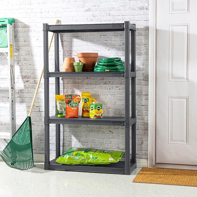 Sterilite 4 Shelf Unit, Heavy-Duty Shelving Storage and Utility Rack - Standing Plastic Organizer Shelves for Kitchen, Bathroom, and Garage | Plastic Shelves for Storage, Plastic Storage Shelf, Garage Shelving