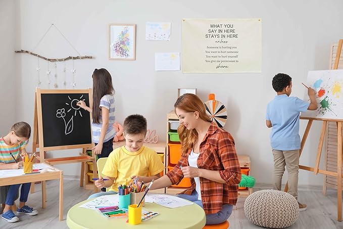 Classroom Wall Banner Decor-Teacher Gift-Inspirational Back to School Wall Art Flag Decor-What You Say In Here Stays In-Hanging Canvas Banner for Classroom Reading Corner Homeschool Teacher Office
