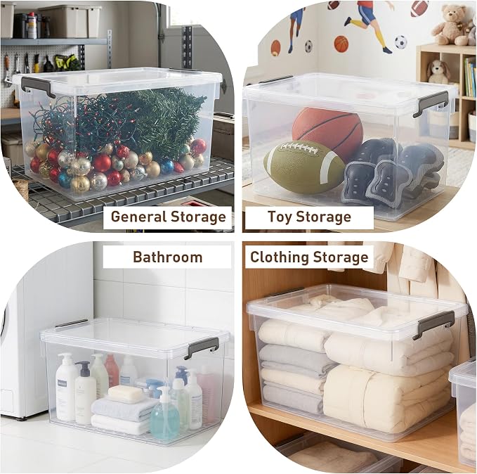 Citylife 48 Qt Ultra-Thick (3.82mm) Clear Plastic Storage Bins with Lids, 4-Pack Stackable Straight-Wall Closet Organizers with Honeycomb Base & Pinch-Free Latches for Garage, Clothes & Holiday Decor