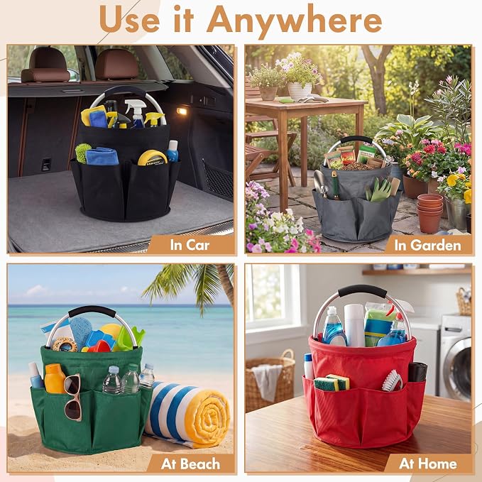 LemonRoad 4 Pack Cleaning Caddy with Handle 17L Foldable Cleaning Supplies Organizer Oxford Cloth Storage Basket with 6 Pockets Portable Multi Bucket Bag for Home Garden(Black,Dark Gray,Red,Green)
