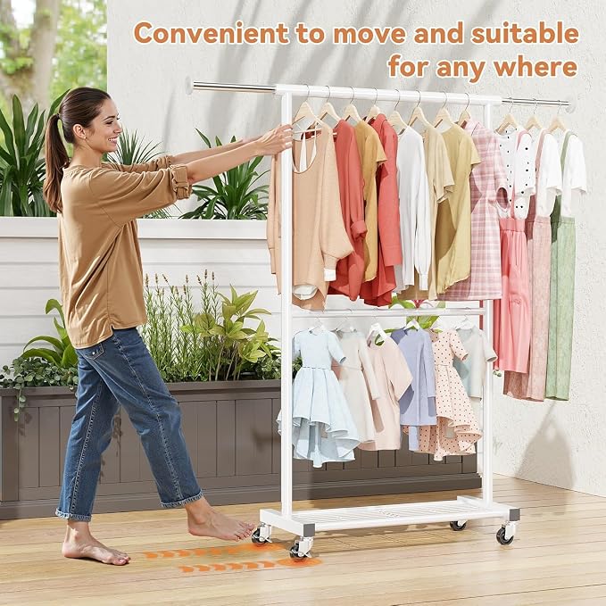 Standard Clothes Rack, Rolling 50“L Clothing Garment Rack with Mesh Shelves on Wheels, Adjustable Portable Wardrobe Rack for Bedroom, Laundry Room, White