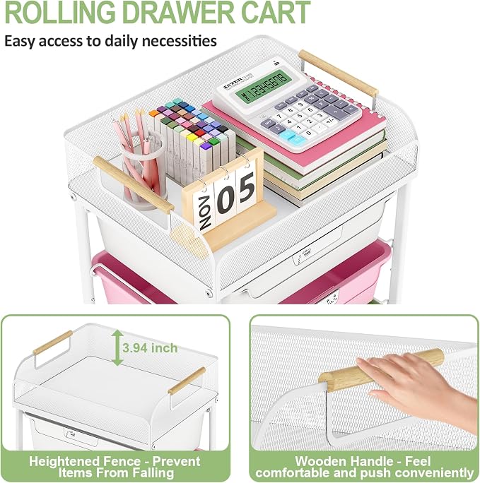 SYKIARIOL Rolling Cart with 4 Drawers,4 Tiers Rolling Utility Cart Craft Cart,Rolling Storage Drawer Cart with Mesh Top,Storage Cart with Drawers & 4 PCS DIY Lable, Classic Colorful