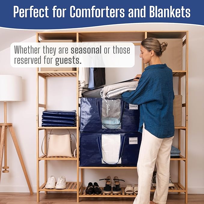 VENO 2 Pack Heavy Duty Moving Bags, Clothes and Comforter Storage Bags with Clear Window, College Dorm Essentials Packing Supplies, Foldable Boxes Alternative (Blue, 2 Pack)