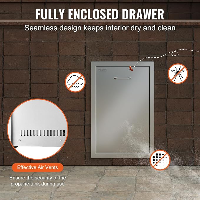 VEVOR Outdoor Kitchen Trash Drawer 16Wx22Hx16"D, Drawer, Stainless Steel Pull Out Trash with Handle, Outdoor Kitchen Cabinets Can Pull Out, BBQ Island Bin, Outside Trash Can Drawer