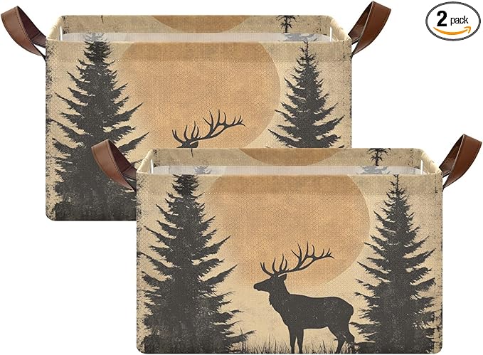 Rustic Sunset Forest Deer Vintage Storage Basket Foldable Cube Storage Bins with Handles&Label Collapsible Organizer Box Bin Large Rectangle Decorative Baskets for Shelves Home Living Room Closet-2 PC