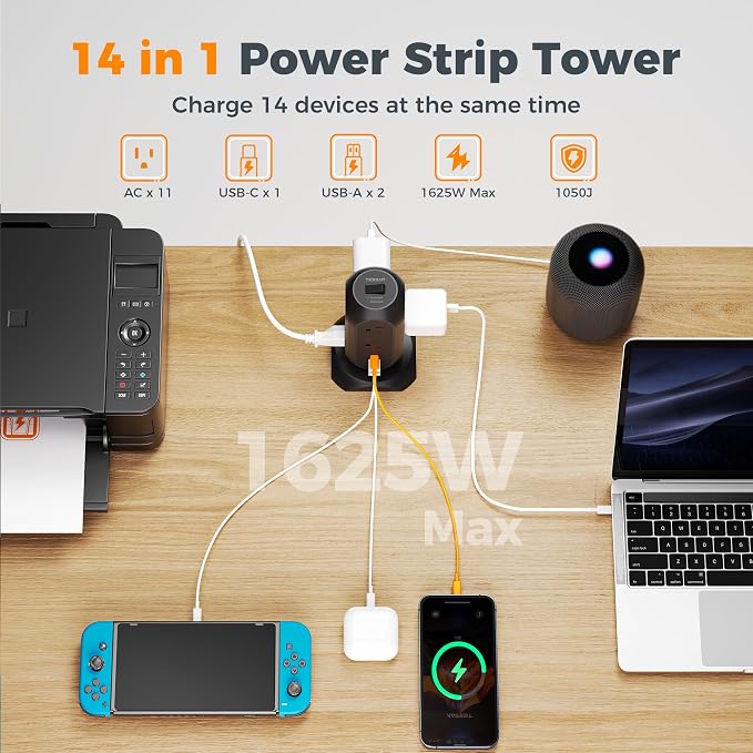 TESSAN Tower Power Strip Flat Plug with 1050J Protection, 10 Ft, Black | 11 Outlets 3 USB (1 USB C), Surge Protector Power Tower, Extension Cord with Multiple Outlets, Dorm, Office Desk Supplies