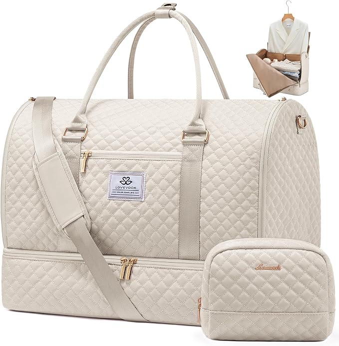LOVEVOOK Convertible Garment Bag for Travel with Shoe Pouch, Carry On Garment Duffel Bag with Toiletry Bag, 2 in 1 Hanging Suitcase Suit Bag, Weekender Bag for Women Travel, Wedding, Beige