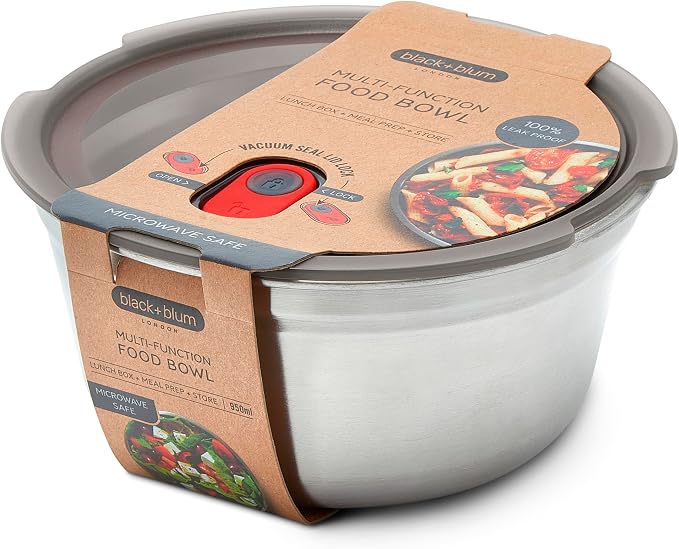 BLACK + BLUM Lunch Bowl | Microwave Safe Stainless Steel | 950ml | Leak Proof & Airtight, Durable & Reusable, Stackable Food Storage, Ideal for Meal Prep Batch Cooking, Lunches and Snacks