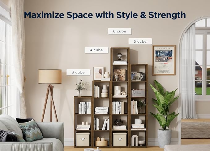 3 Cube Storage Organizer Single Row, Cube Shelf with Heavy-Duty Thick Boards, 13.31" L x 9.37" W x 36.93" H, Smooth Easy-Clean Panels, Simple Assembly, for Living Room Bedroom Office, Brown