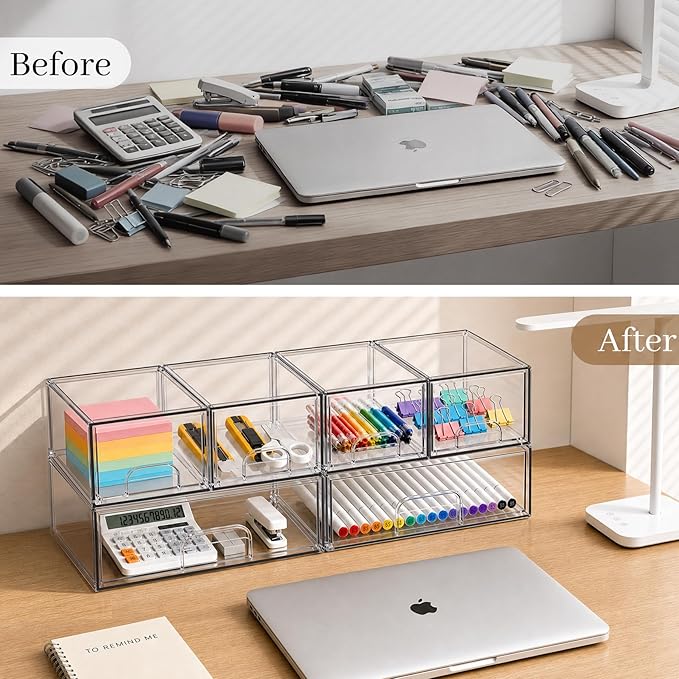 TIPGO Clear Stackable Storage Drawers, Acrylic Bathroom Makeup Organizer, Plastic Bins for Art Tool & Sketch, Durable Containers for Countertop, Cabinet, Vanity, Medicine Organization